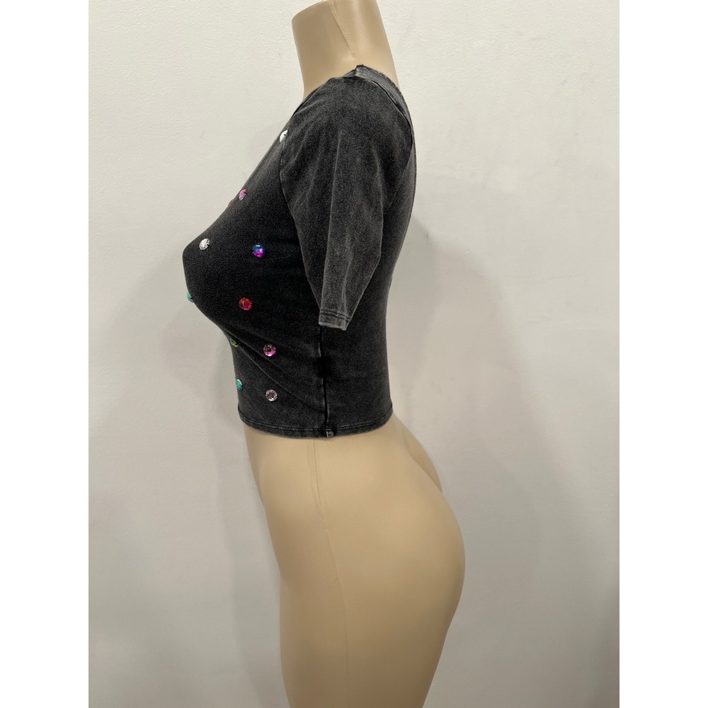 Silence + Noise Crop Top Womens XS Black Acid Wash Embellished Rhinestone - Picture 3 of 11